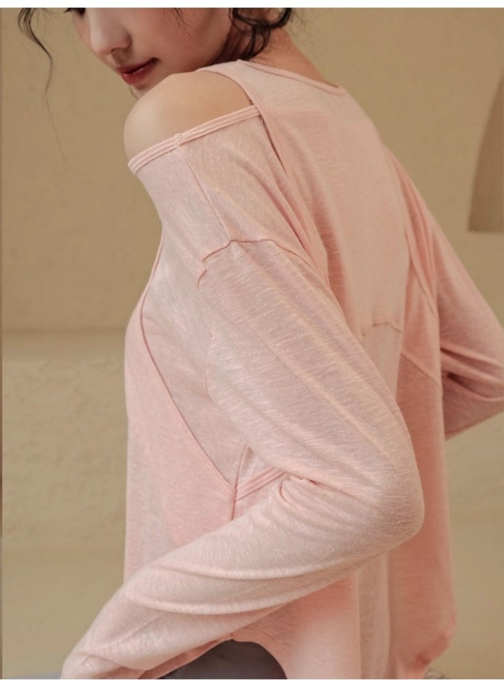ALo728 Blush Pink Cold-Shoulder Long-Sleeve Top - Soft Breathable Fabric, Asymmetric Hem, Brand Logo Detail, Versatile Activewear for Yoga & Daily Casual - Image 4