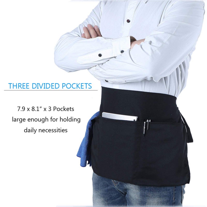 BOHARERS BOHARERS Waist Apron with 3 Pockets 12 Pack - Black Waitress Server Short Apron  - Image 4