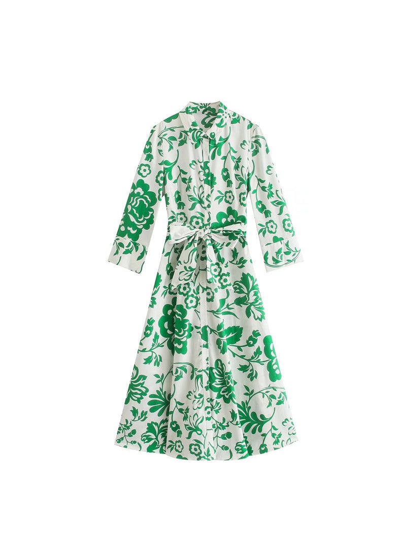 Generic - Summer 2022 Floral Shirt Dress with Belt Green - Image 1