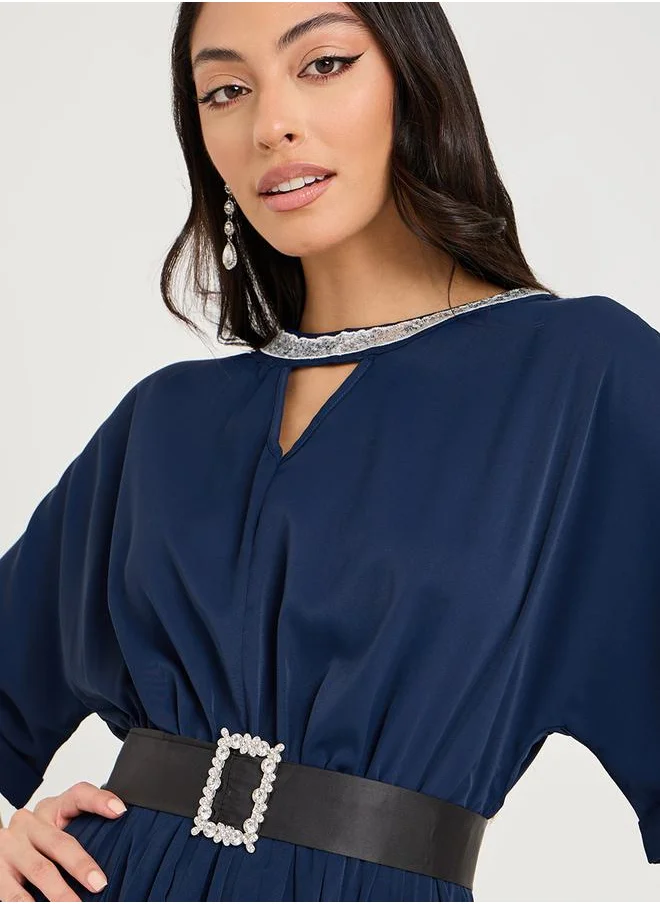 Styli Pleated Detail Belted A-Line Midi Dress