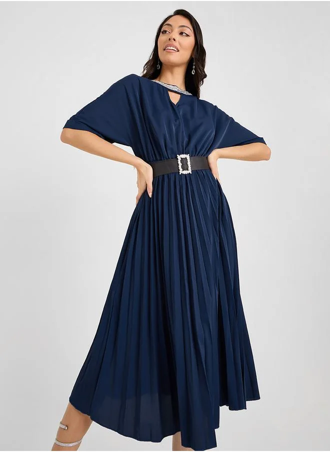 Styli Pleated Detail Belted A-Line Midi Dress