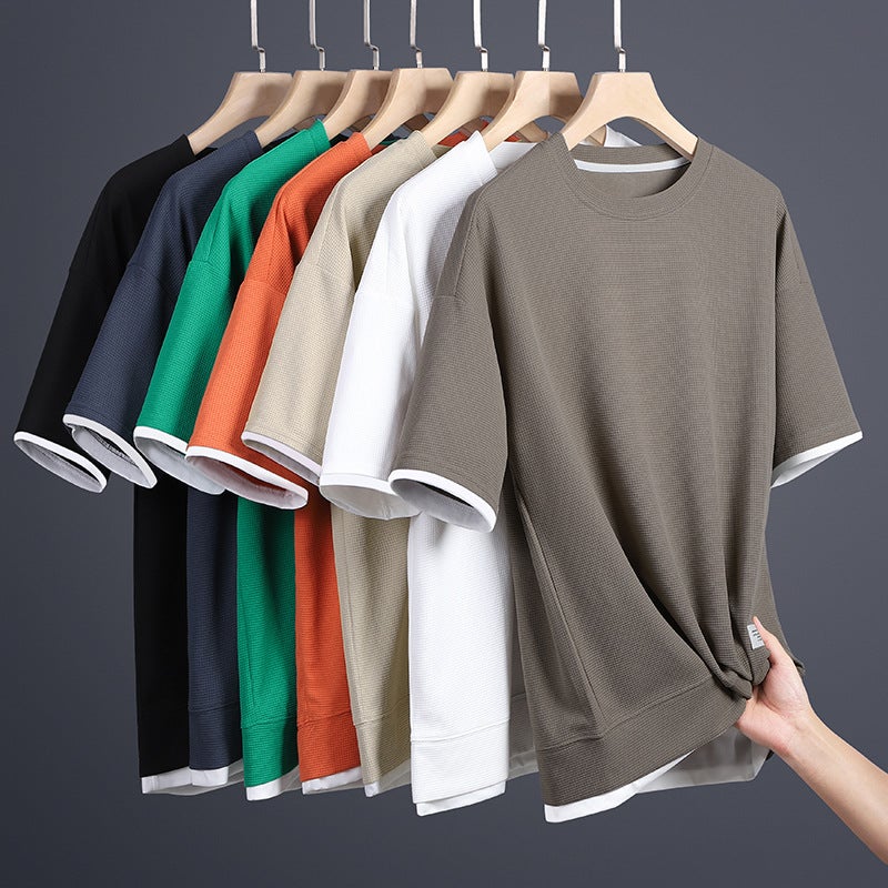 Summer waffle T-shirt men's fake two-piece loose half-sleeve T-shirt ice silk thin round neck short-sleeve T-shirt jacket thin - Image 2