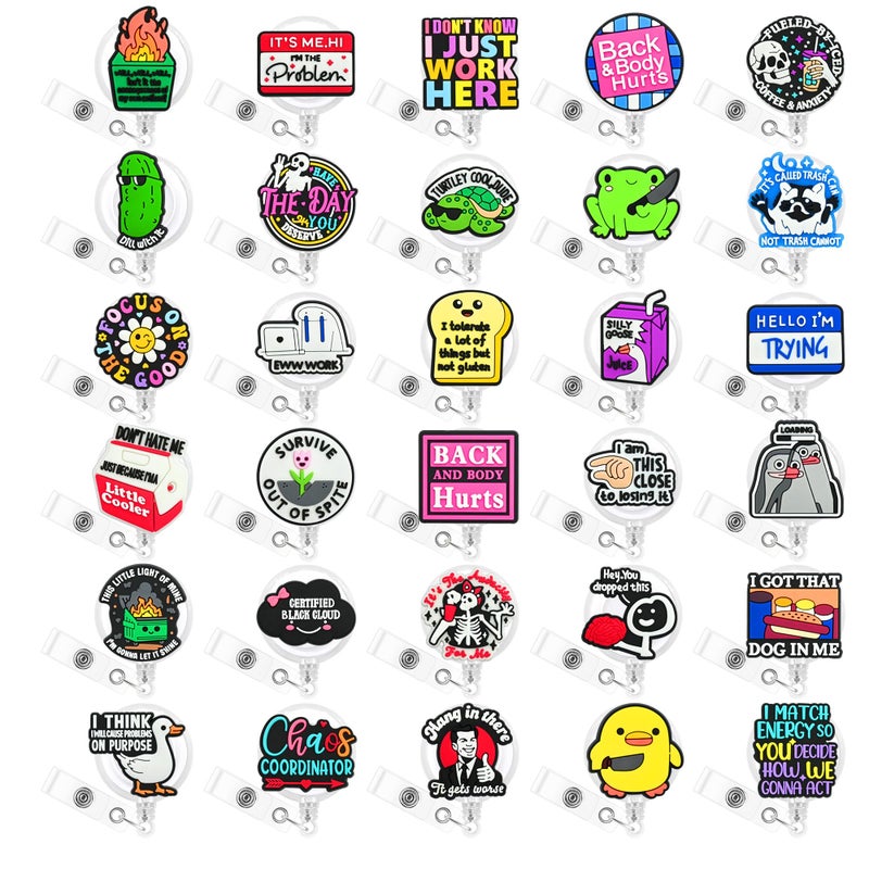 YEALQUE 30 Pack Funny Badge Reel Holder Retractable Fun ID Badge Reels for Coworker Office Worker Gifts - Image 1