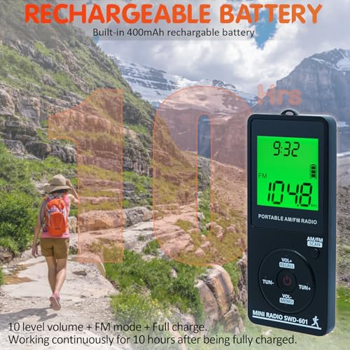SWDSTP AM/FM Personal Portable Mini Radio with Digital Tuning LCD Display and Backlight Time, SWDSTP Rechargeable Pocket Radio with Earphone and Belt Clip for Walking, Jogging - Image 5