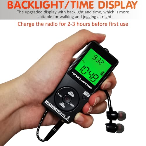 SWDSTP AM/FM Personal Portable Mini Radio with Digital Tuning LCD Display and Backlight Time, SWDSTP Rechargeable Pocket Radio with Earphone and Belt Clip for Walking, Jogging - Image 2
