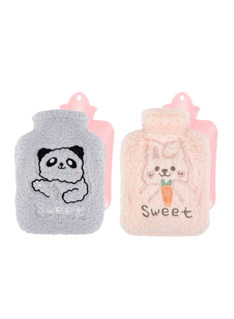 Zikra 2 Pack Hot Water Bottle with Plush Soft Cover 500ML Small Cold Mini Natural Rubber Filled Heating Lovely and Reusable Bag for Women Seniors Children - Image 1
