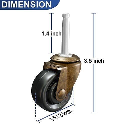 NATIKON Antique Brass Casters with Rubber Wheels 1-5/8" Stem Caster Replacement for Chairs, Sofa, Dresser | Vintage Furniture Rollers for Hardwood Floor Set of 4 - Image 2
