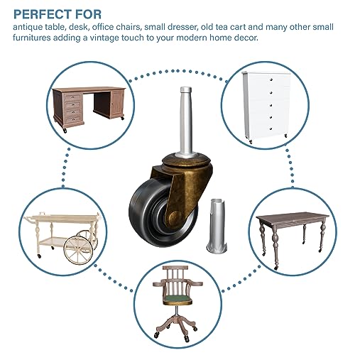 NATIKON Antique Brass Casters with Rubber Wheels 1-5/8" Stem Caster Replacement for Chairs, Sofa, Dresser | Vintage Furniture Rollers for Hardwood Floor Set of 4 - Image 4