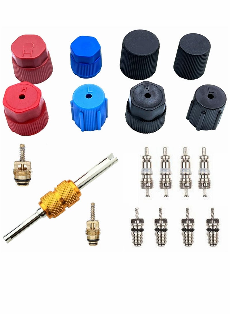 SYOSI Air Conditioning Valve Core Kit, Car and Home AC R12 R134a Teflon Seal Refrigeration Schrader Valve Core with Valve Stem Core Tool Air Conditioning AC System Charging Port Seal Caps Kit - Image 1
