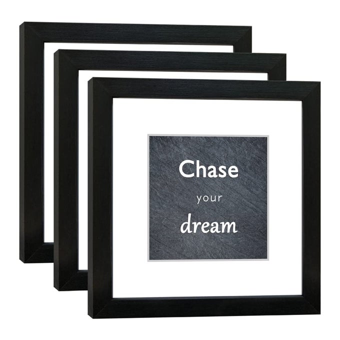 8X8 PICTURE FRAME SET OF 3 WITH REAL GLASS FOR PICTURES 5X5 WITH MAT OR 8X8 WITHOUT MAT WALL GALLERY OR TABLETOP DISPLAY PHOTO FRAMES IN BLACK