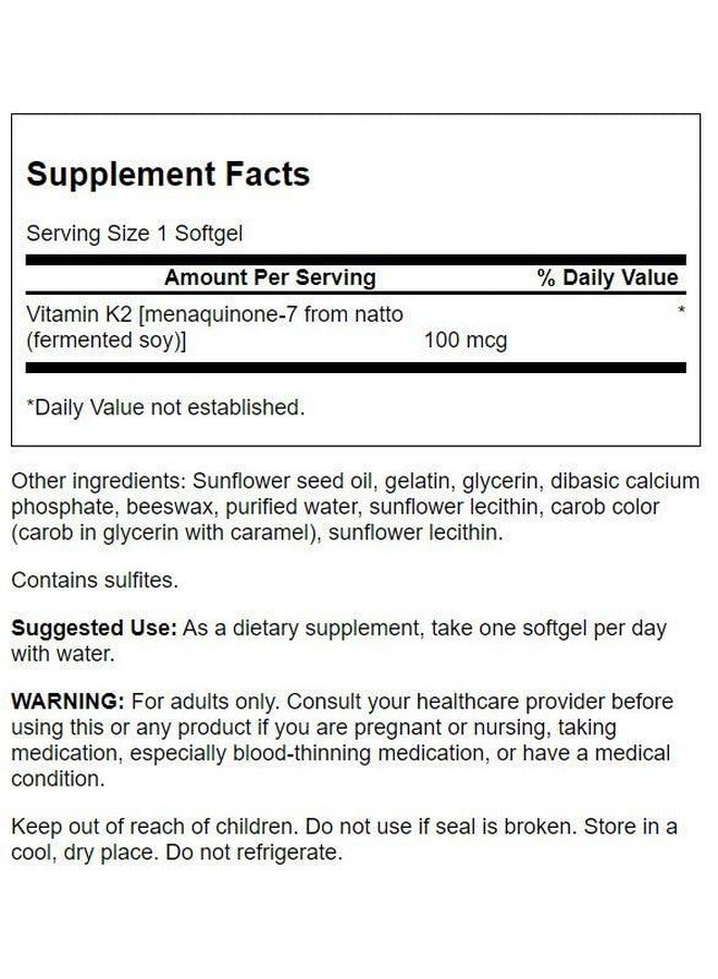 Swanson Vitamin K2 (Menaquinone-7) - Vitamin Supplement Supporting Cardiovascular and Bone Health - Made from Japanese Natto to Help Regulate Calcium - (30 Softgels, 100mcg Each) (2 Pack)