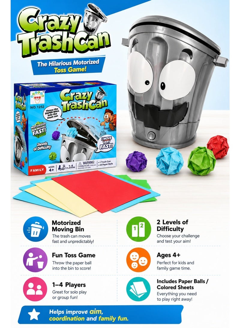Motorized Moving Trash Can Toss Game for Kids, Interactive Target Throwing Game with 24 Paper Balls, 2 Difficulty Levels, Family Party Activity for 1–4 Players, Ages 4+ - Image 5