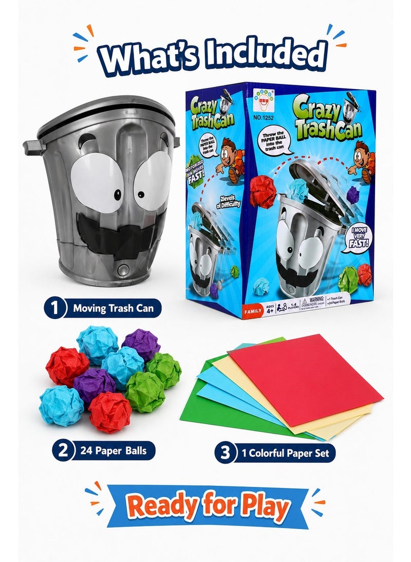Motorized Moving Trash Can Toss Game for Kids, Interactive Target Throwing Game with 24 Paper Balls, 2 Difficulty Levels, Family Party Activity for 1–4 Players, Ages 4+ - Image 3