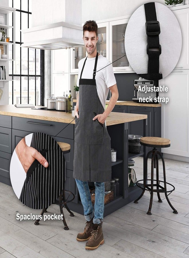 HOMWE Adjustable Bib Cotton Aprons - Adjustable Neck Strap with Extra Long Ties with 2 Pockets for Cooking, Commercial Grade Water Resistant Apron for Women & Men - Black/White Pinstripe 33x27 Inches - Image 4