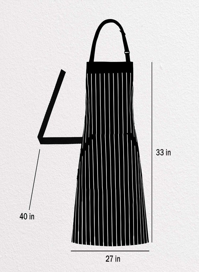 HOMWE Adjustable Bib Cotton Aprons - Adjustable Neck Strap with Extra Long Ties with 2 Pockets for Cooking, Commercial Grade Water Resistant Apron for Women & Men - Black/White Pinstripe 33x27 Inches - Image 2
