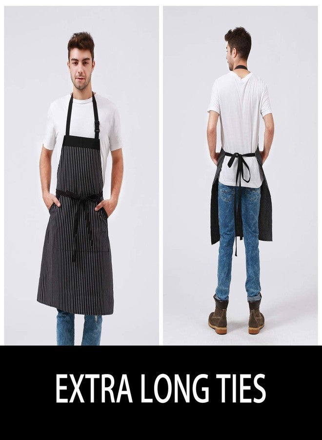HOMWE Adjustable Bib Cotton Aprons - Adjustable Neck Strap with Extra Long Ties with 2 Pockets for Cooking, Commercial Grade Water Resistant Apron for Women & Men - Black/White Pinstripe 33x27 Inches - Image 3