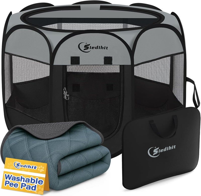 Siedihit Dog Playpen with Washable Pee Pad, Puppy Pet Cat Playpen for Small Dogs, Dog Tent Crate Indoor/Outdoor, Portable Pop Up Kennel with Carrying Case for Dogs/Cats/Rabbits(Dark Grey) - Image 1