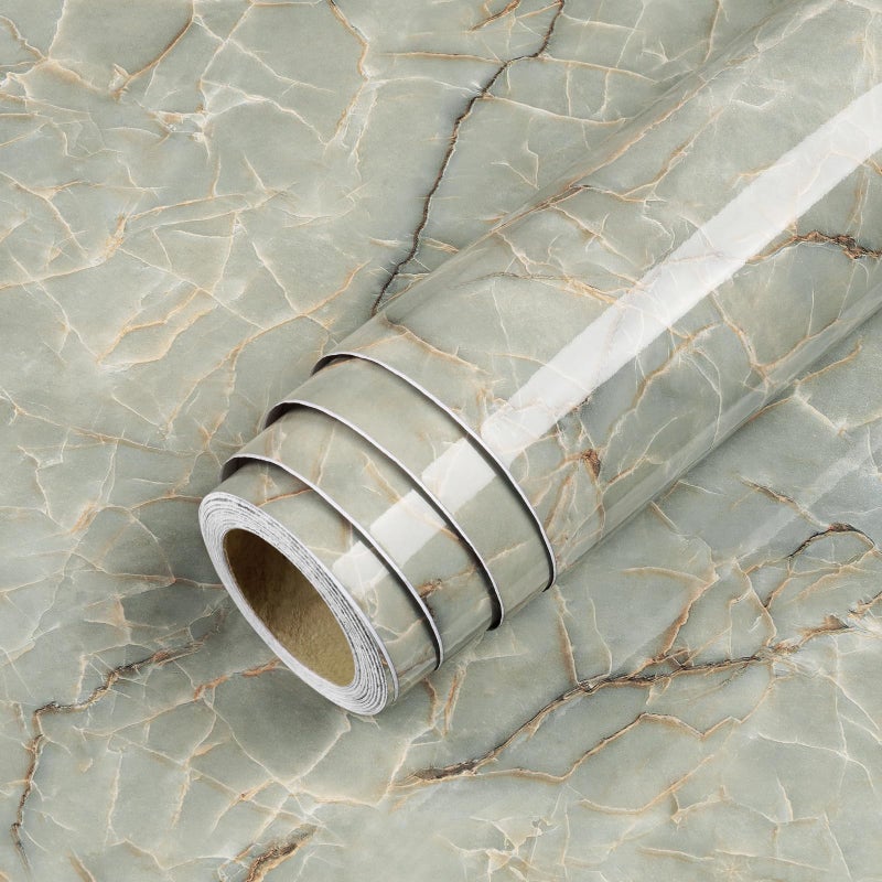 LACHEERY Large Size 160 x 36 inch Marble Grey Green Contact Paper Decorative Self Adhesive Wallpaper Removable Wallpaper Stick and Peel Countertop Contact Paper for Cabinets Backsplash Drawer Liners