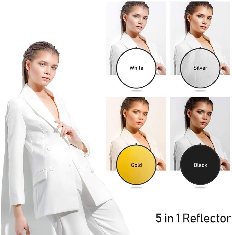 VTS 42" 5-in-1 Photography Collapsible Light Disc Reflector, 5 Colors White/Black/Silver/Gold/Translucent with Reflector Disc Holder Clip for Indoor-Outdoor Photo Video Studio Shooting Purpose (A 42" DISC WITH CLIP) - Image 2