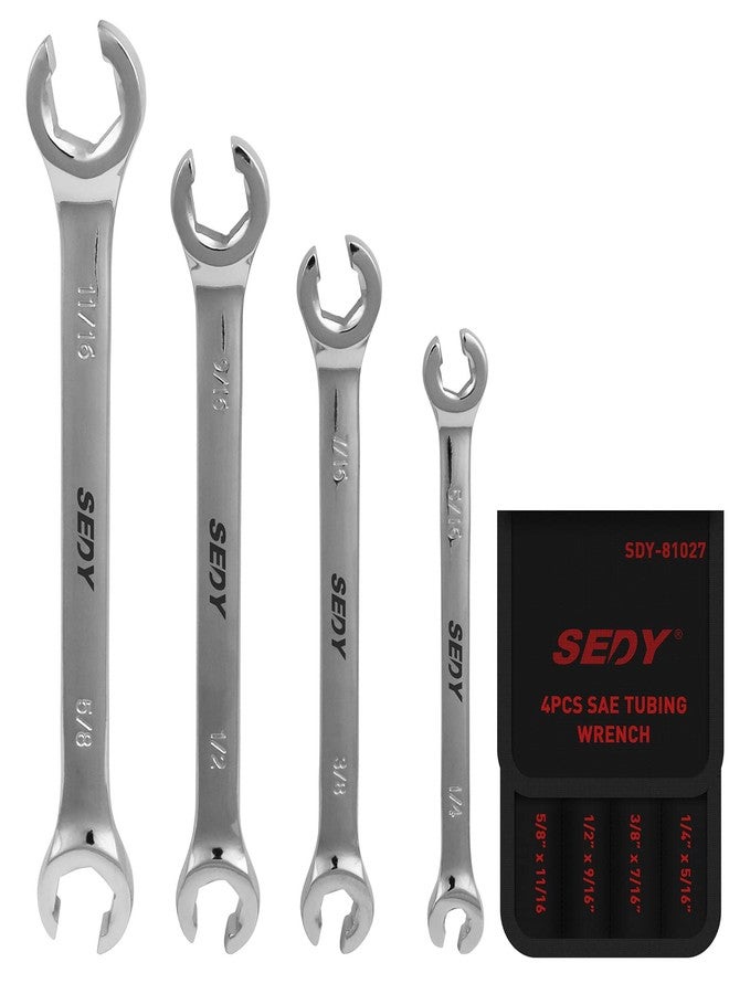 SEDY 4-Piece Flare Nut Wrench Set - SAE Brake Line Wrench 1/4, 5/16, 3/8, 7/16, 1/2, 9/16, 5/8, 11/16-inch, Professional Offset Heads, Portable Organizer Pouch Included - Image 1