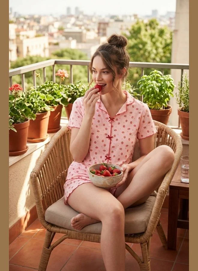 ليلا Lela Regular Fit Patterned V-Neck Shorts Pajama Set Women's PAJAMA SET 65770837