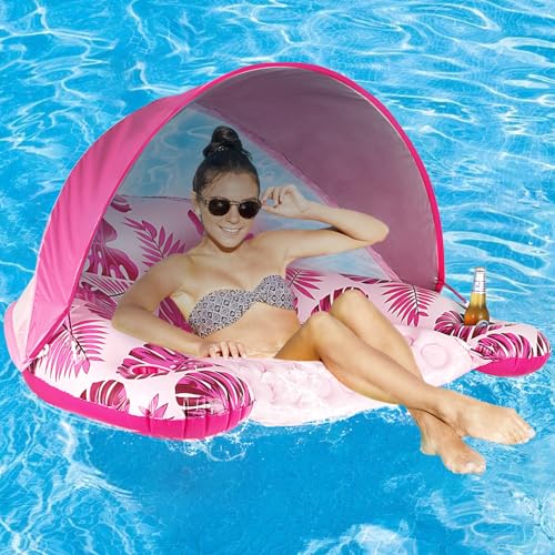 COOLCOOLDEE Pool Float with Canopy Cup Holder XL Pool Chair Lounge Float with Adjustable Sun Shade Cover Drink Holder Ergonomic HeadrestInflatable Pool Float for Adults - Image 1