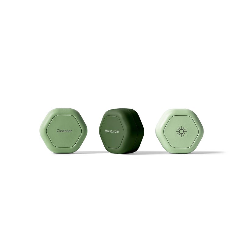 Cadence Travel Containers Basic Skincare Set - Magnetic Containers with Lids,Carry On Travel Essentials For Women/Men - 3 Small Capsules (0.56oz) - Cleanser, Moisturizer & Sun-Icon Labels - Evergreen - Image 1