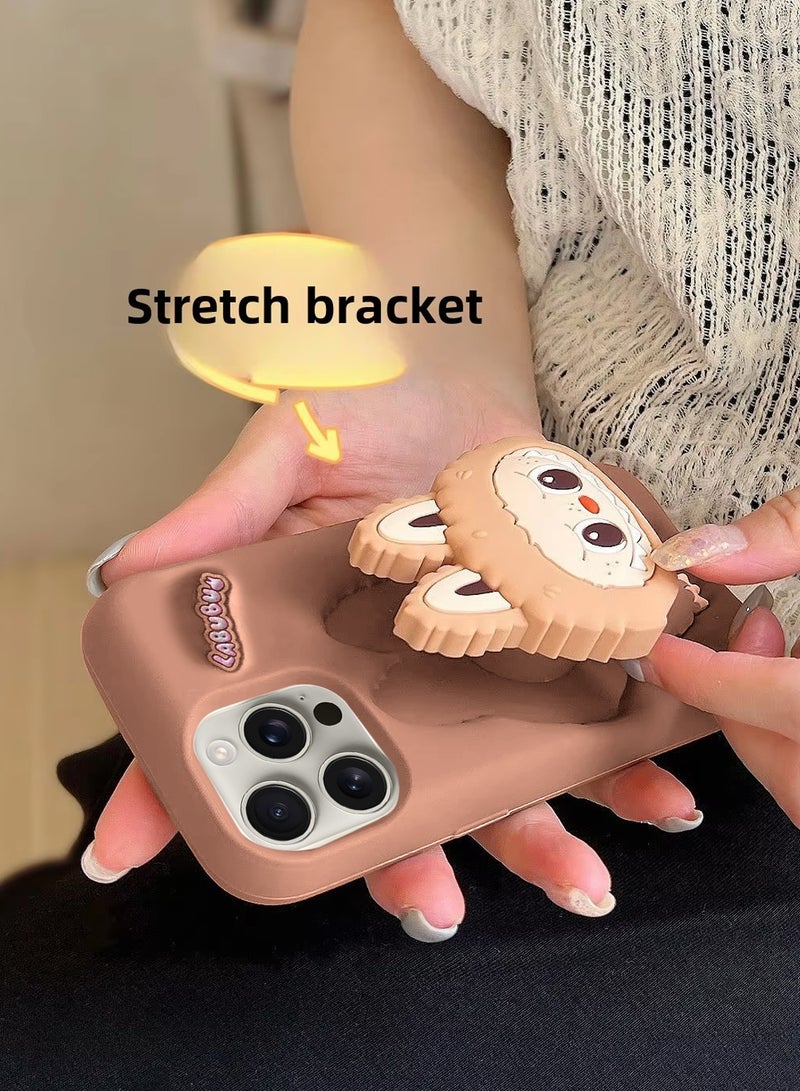 دبليو تيك حافظة آبل آيفون 16 برو ماكس 5G 2024، حافظة كرتونية ثلاثية الأبعاد لابوبو، حافظة مصنوعة من السيليكون السائل الناعم الممتاز مع حامل هاتف، حافظة جميلة لطيفة توفر حماية كاملة - بني - Image 3