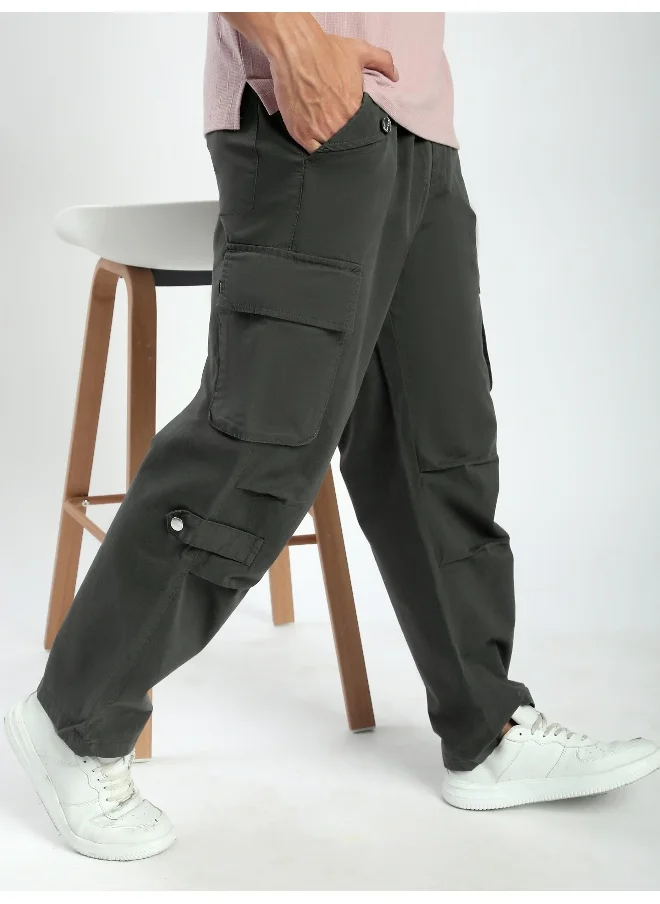 Beyoung Dark Grey Pleated Elasticated Cargo Pants