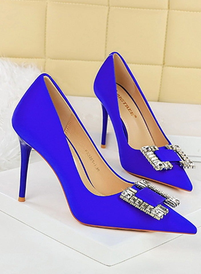 BIGTREE Women's  Closed Pointed Toe Stiletto Pump Rhinestone Buckle Decoration High Heels Blue 10CM - Image 2