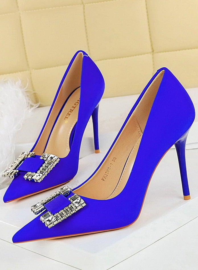 BIGTREE Women's  Closed Pointed Toe Stiletto Pump Rhinestone Buckle Decoration High Heels Blue 10CM - Image 1