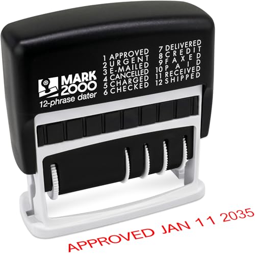 Mark 2000 12-Phrase Dater - Date & Phrase Self-Inking Stamp - Red Ink - Image 1