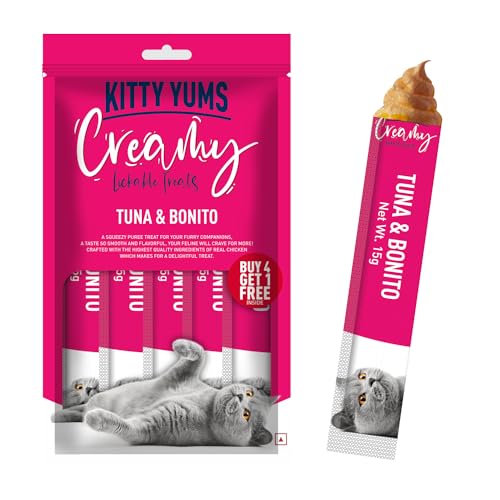 Kitty Yums Kitten & Adult Creamy Lickable Cat Treat (75g x 5 Sticks, 375g) Pack | Tuna & Bonito Flavour | Creates a Better Bond | Antioxidants Boost Immunity | Better Brain & Eyesight Development - Image 1