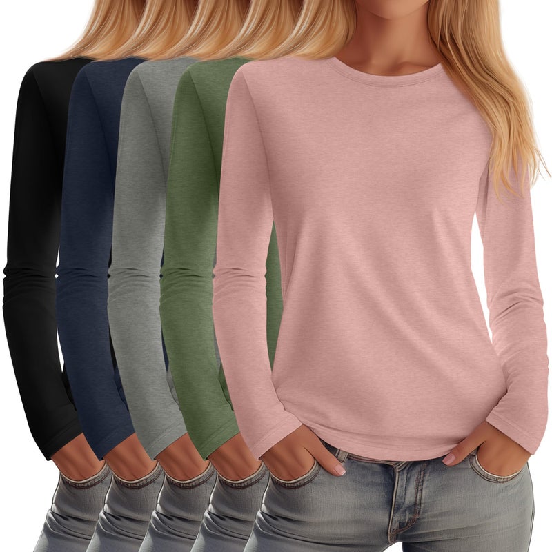Huukeay 5 Pack Womens Crew Neck Long Sleeve Shirts Cotton Blend Casual Clothes Workout Basic Layering Tee Tops MultipackBlack Navy Light Heather Gray Grass Green PinkLarge - Image 2