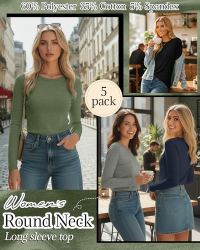Huukeay 5 Pack Womens Crew Neck Long Sleeve Shirts Cotton Blend Casual Clothes Workout Basic Layering Tee Tops MultipackBlack Navy Light Heather Gray Grass Green PinkLarge - Image 3