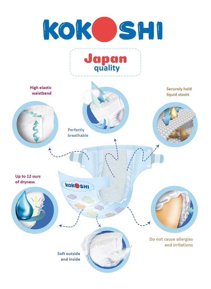 Kokoshi Premium Baby Diapers, Size 4 for babies 9-13kg x 216pcs, Eco-friendly and Hypoallergenic Nappies, Japan Quality Ultimate Softness Leakproof for Skin Care Protection (Dl-216) - pzsku/ZBD0878F9A1EE20110CD5Z/45/_/1701696517/067c16f9-c27c-4902-9f26-c9682e6b1982