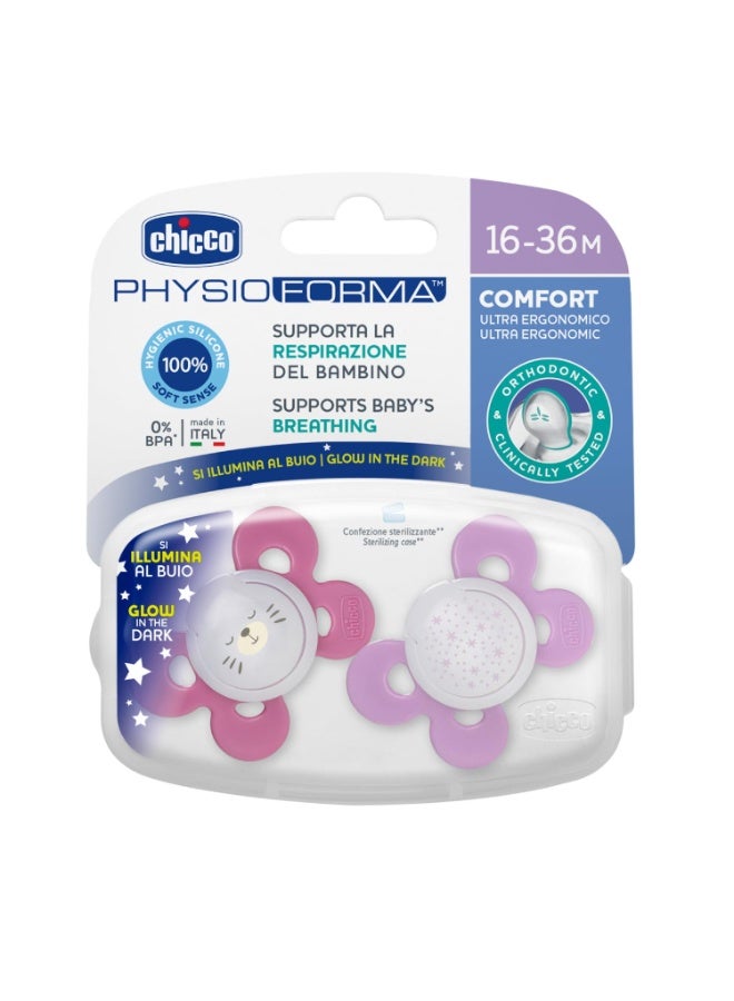 Chicco PhysioForma Comfort Soother for Babies (16-36 Months) (Pack of 2) | Baby Pacifier with Unique Shape to Support Baby's Breathing | Soft Silicon Material | Glow in The Dark | BPA Free (Pink)