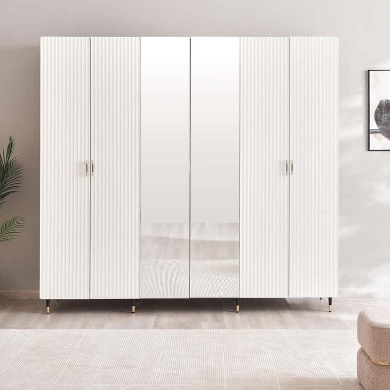 Pan Home خزانة بيضاء بـ 6 أبواب مع مرآة - Image 3