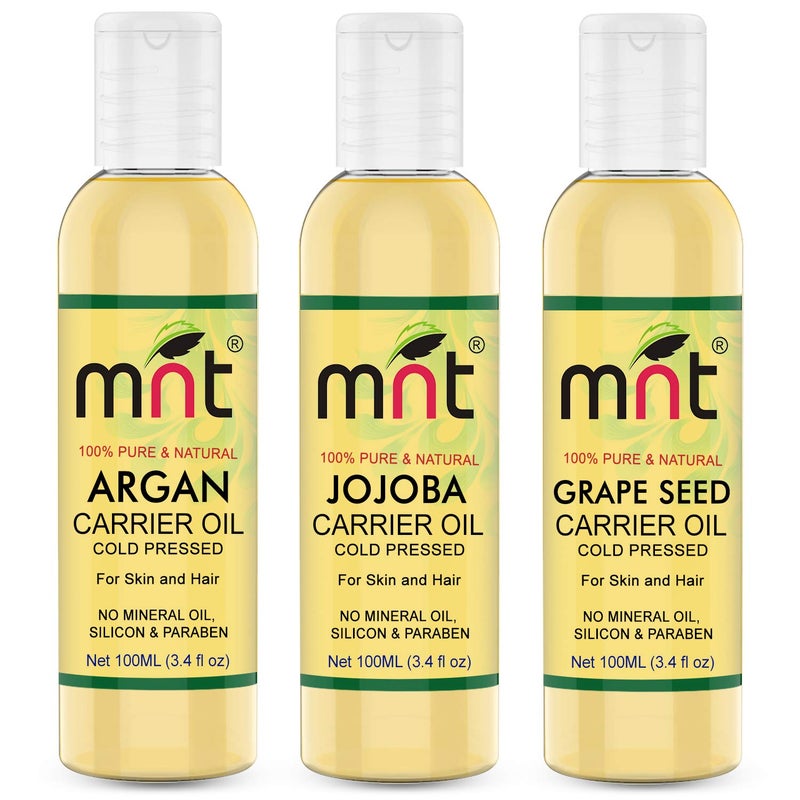MNT Combo of Cold Pressed Carrier Oil for Hair and Skin (Argan Oil, Jojoba Oil & Grapeseed Oil), 100 ml Each - Image 1
