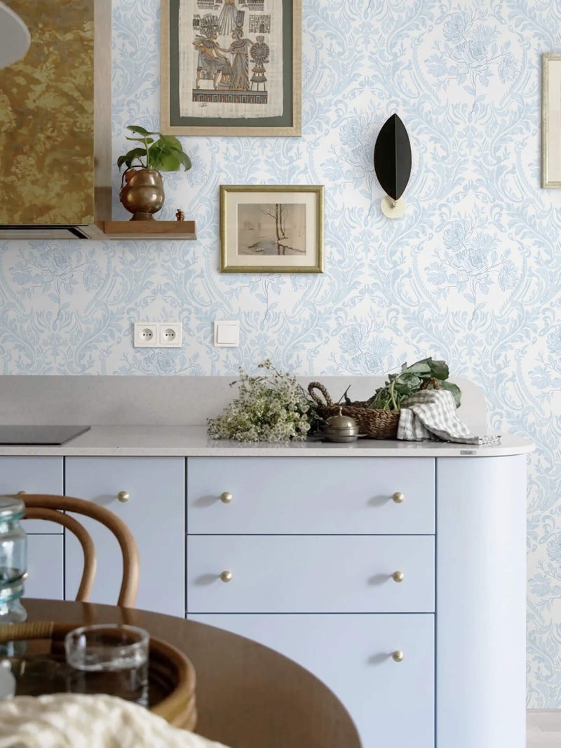 Ismoon Floral Peel and Stick Wallpaper Blue Contact Paper Boho Watercolor Damask Wallpaper Vintage Textured Removable Self Adhesive Vinyl Wall Paper Renter Friendly, 17.3 in X 32.7 ft - Image 5