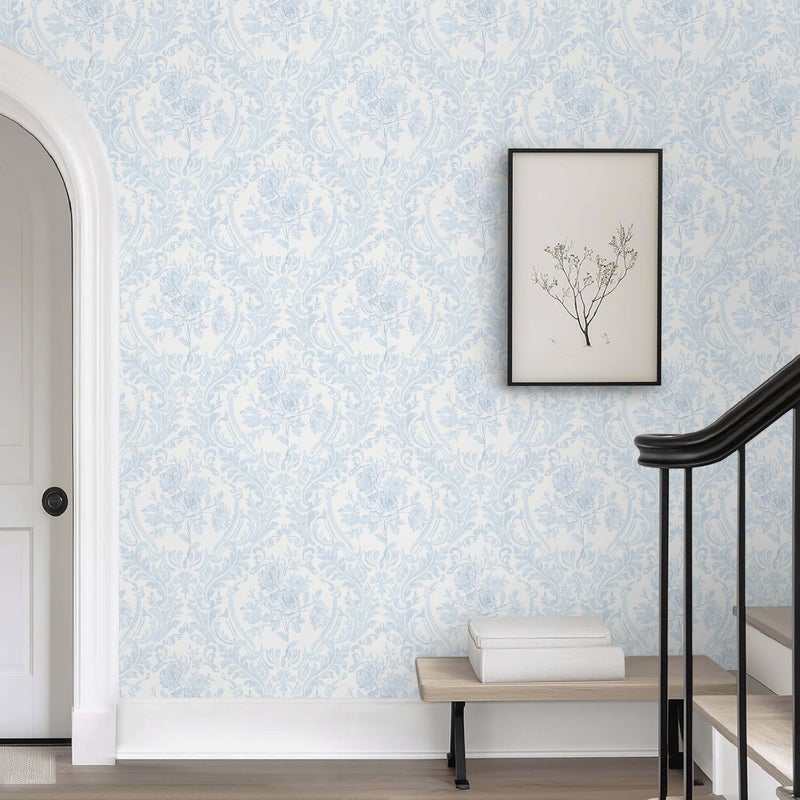 Ismoon Floral Peel and Stick Wallpaper Blue Contact Paper Boho Watercolor Damask Wallpaper Vintage Textured Removable Self Adhesive Vinyl Wall Paper Renter Friendly, 17.3 in X 32.7 ft - Image 4