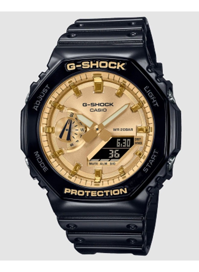 CASIO Men Watch G-Shock Digital Analog Octagonal Gold Dial Resin Band GA-2100GB-1ADR - Image 1