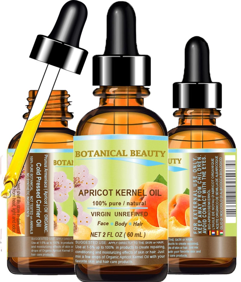 Botanical Beauty ORGANIC APRICOT KERNEL OIL Australian. 100% Pure Virgin Unrefined Cold Pressed Carrier Oil 2 oz- 60 ml. For Face, Hair, Body, Nails, Skin, Anti - aging - Image 1