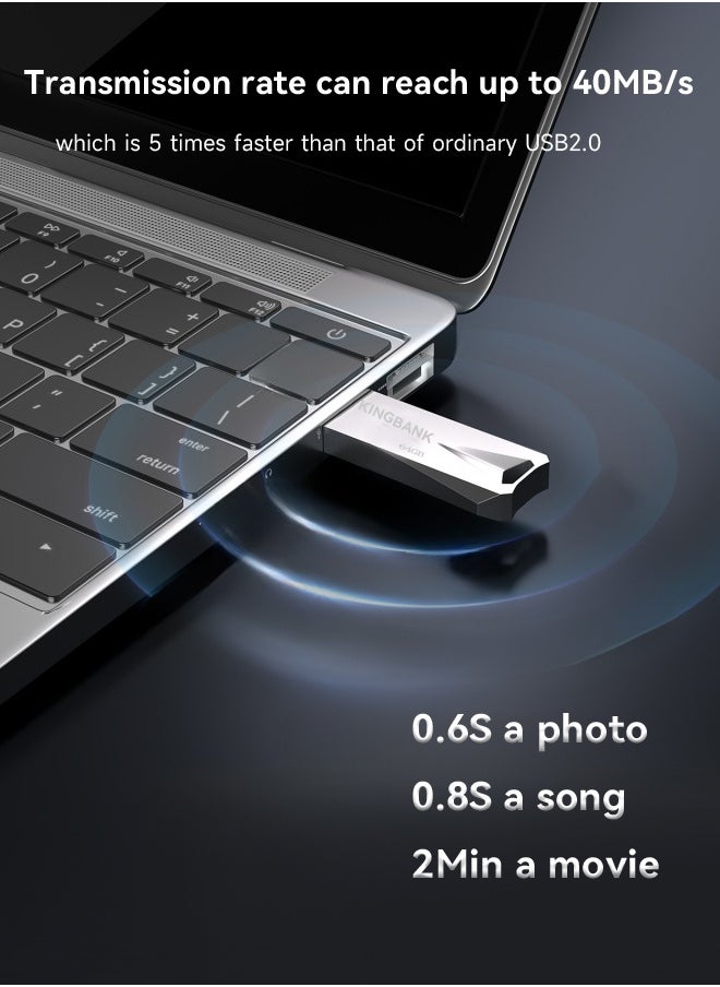 KINGBANK 128G USB3.0 Flash Drive, High-Speed ​​Storage, 40MBps Read, 30MBps Write, Compatible with Audio, Computers, TVs, Laptops, Game Consoles, Cars (128GB, Silver)  - Image 2