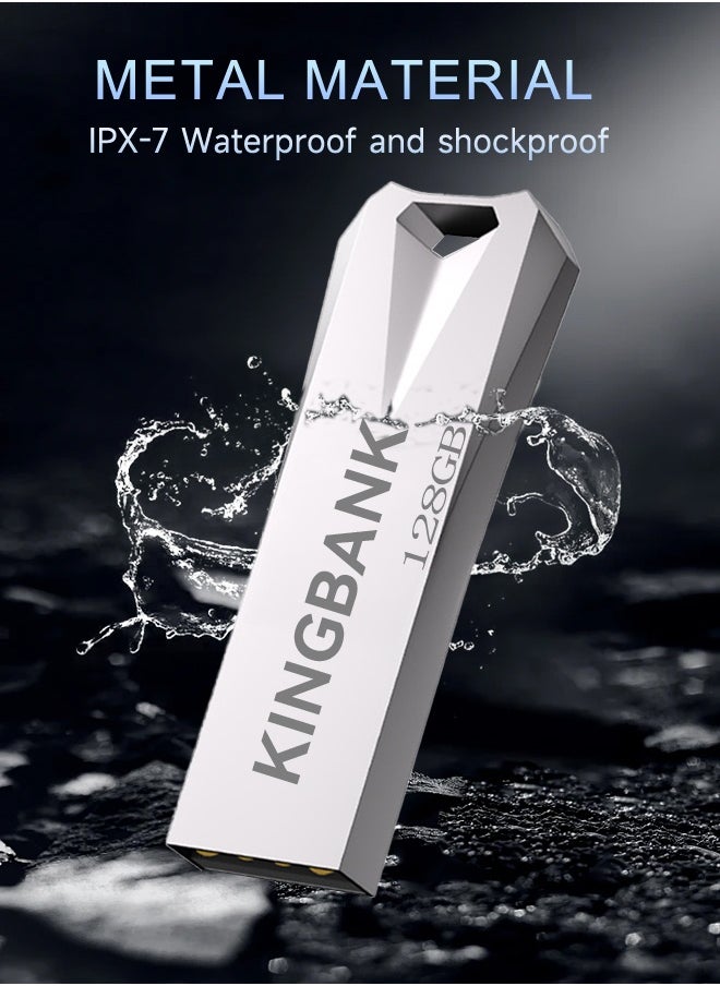 KINGBANK - 128G USB3.0 Flash Drive, High-Speed ​​Storage, 40MBps Read, 30MBps Write, Compatible with Audio, Computers, TVs, Laptops, Game Consoles, Cars (128GB, Silver) - Image 1
