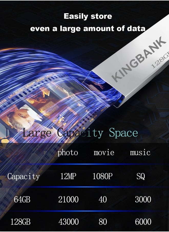 KINGBANK 128G USB3.0 Flash Drive, High-Speed ​​Storage, 40MBps Read, 30MBps Write, Compatible with Audio, Computers, TVs, Laptops, Game Consoles, Cars (128GB, Silver)  - Image 3