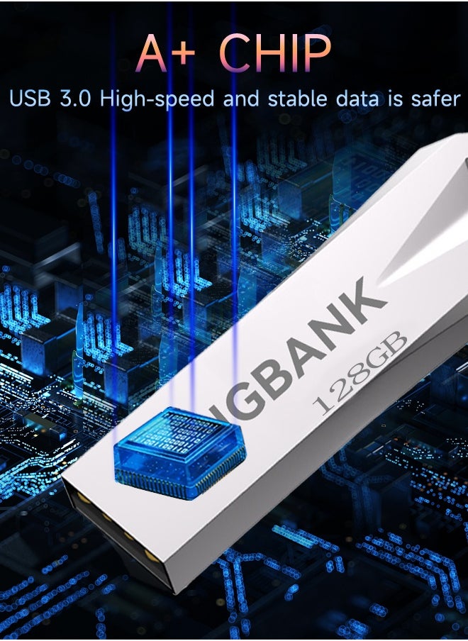 KINGBANK 128G USB3.0 Flash Drive, High-Speed ​​Storage, 40MBps Read, 30MBps Write, Compatible with Audio, Computers, TVs, Laptops, Game Consoles, Cars (128GB, Silver)  - Image 4