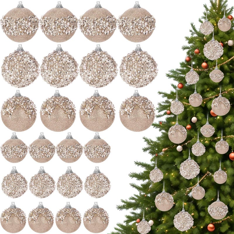 POEN 24 PCS GLITTER BLUBRAY BALL ORNAMENTS مجموعة زخارف شجرة عيد الميلاد معلقة رغوة الرغوة كرات عيد الميلاد لزخارف شجرة عيد الميلاد إكليل إكليل جارلاند ديكور ديكور حفل زفاف (الشمبانيا) - Image 1