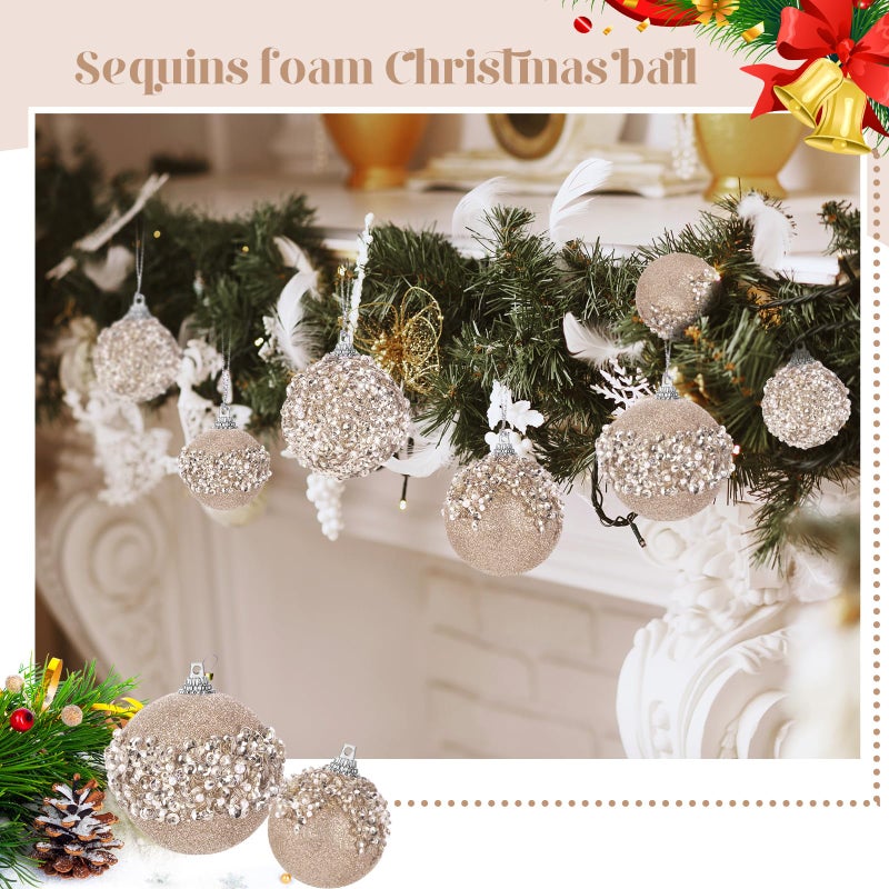 POEN 24 PCS GLITTER BLUBRAY BALL ORNAMENTS مجموعة زخارف شجرة عيد الميلاد معلقة رغوة الرغوة كرات عيد الميلاد لزخارف شجرة عيد الميلاد إكليل إكليل جارلاند ديكور ديكور حفل زفاف (الشمبانيا) - Image 5