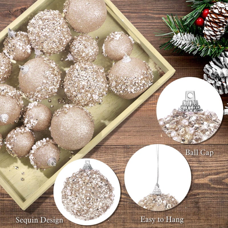 POEN 24 PCS GLITTER BLUBRAY BALL ORNAMENTS مجموعة زخارف شجرة عيد الميلاد معلقة رغوة الرغوة كرات عيد الميلاد لزخارف شجرة عيد الميلاد إكليل إكليل جارلاند ديكور ديكور حفل زفاف (الشمبانيا) - Image 3